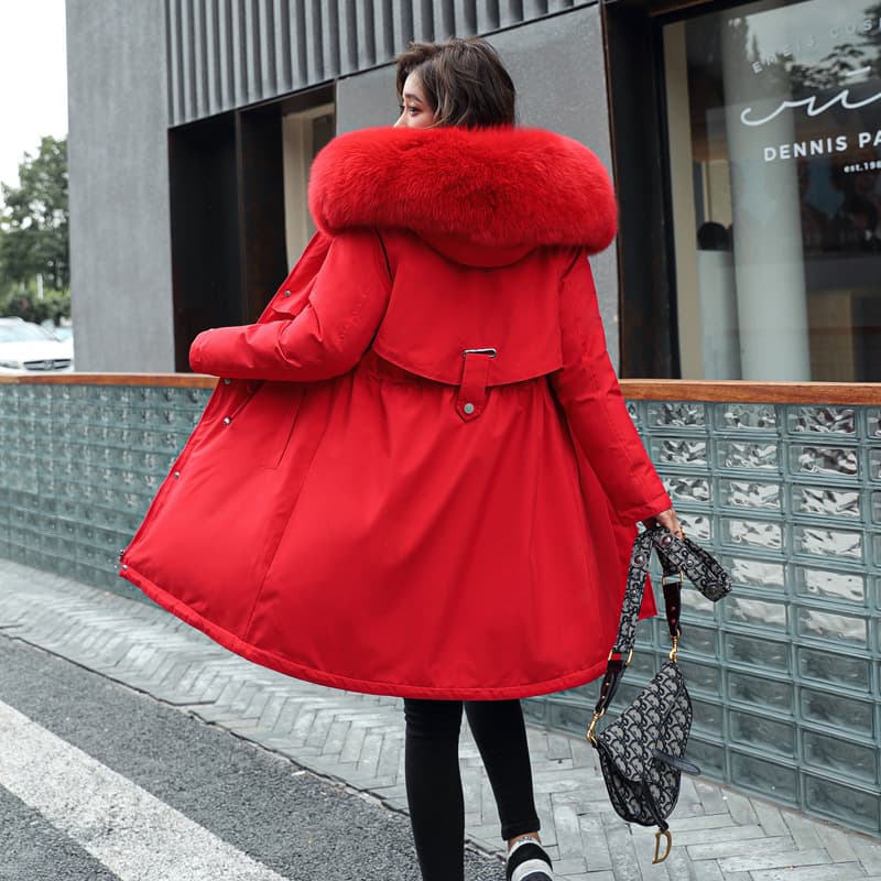 Vêtements pour femmes 2024 hiver nouveau style Parker coton manteau femme mince mi-longueur grand col en fourrure plus velours doublé coton manteau