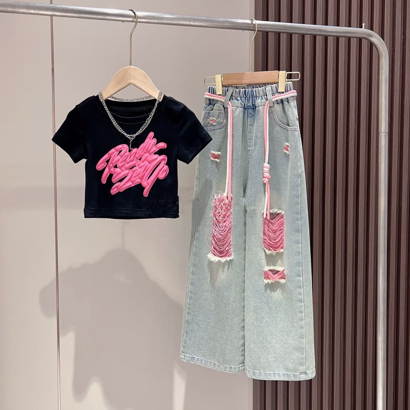 Girls Spring And Autumn Three-dimensional Spray-painted Graffiti Short Sleeve Color Jeans Ripped Pants Set Children's Wide-leg Pants
