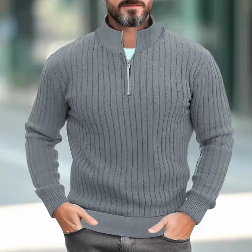 24 New Men's Knitted Sweater Jacket With Pit Stripe Stand Up Collar, Half Zipper Long Sleeved Thick Pullover