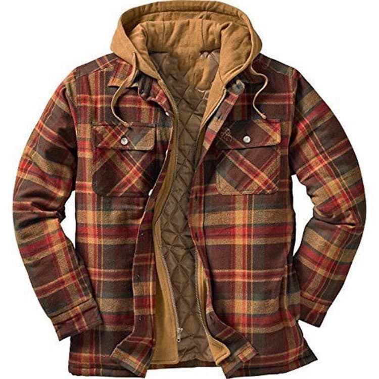 Men's Autumn And Winter Thick Cotton Plaid Long Sleeved Loose Hooded Jacket