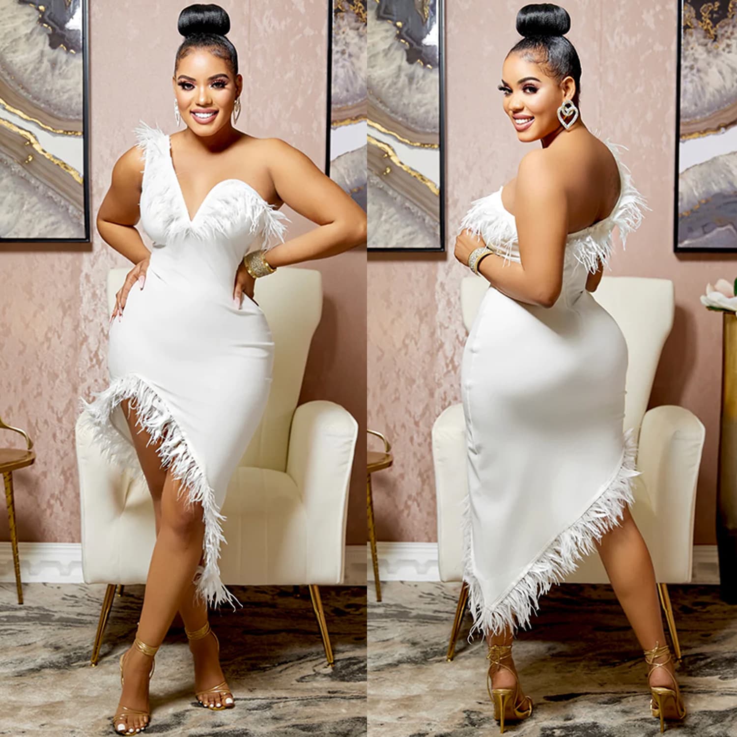 Women's Solid Color V-neck Sleeveless Wrapped Skirt Dress With Irregular Feathers New Year Evening Dress