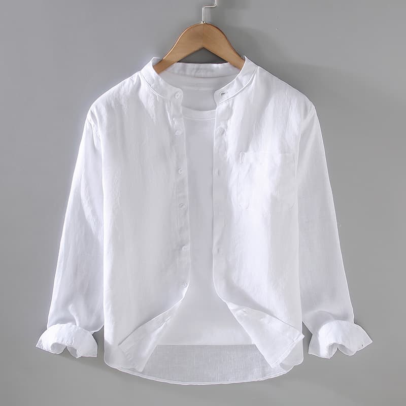 Pure Linen Shirt, Men's Standing Collar Linen Clothing, Chinese Style Retro Casual Thin Top, Spring And Autumn Long Sleeved Shirt