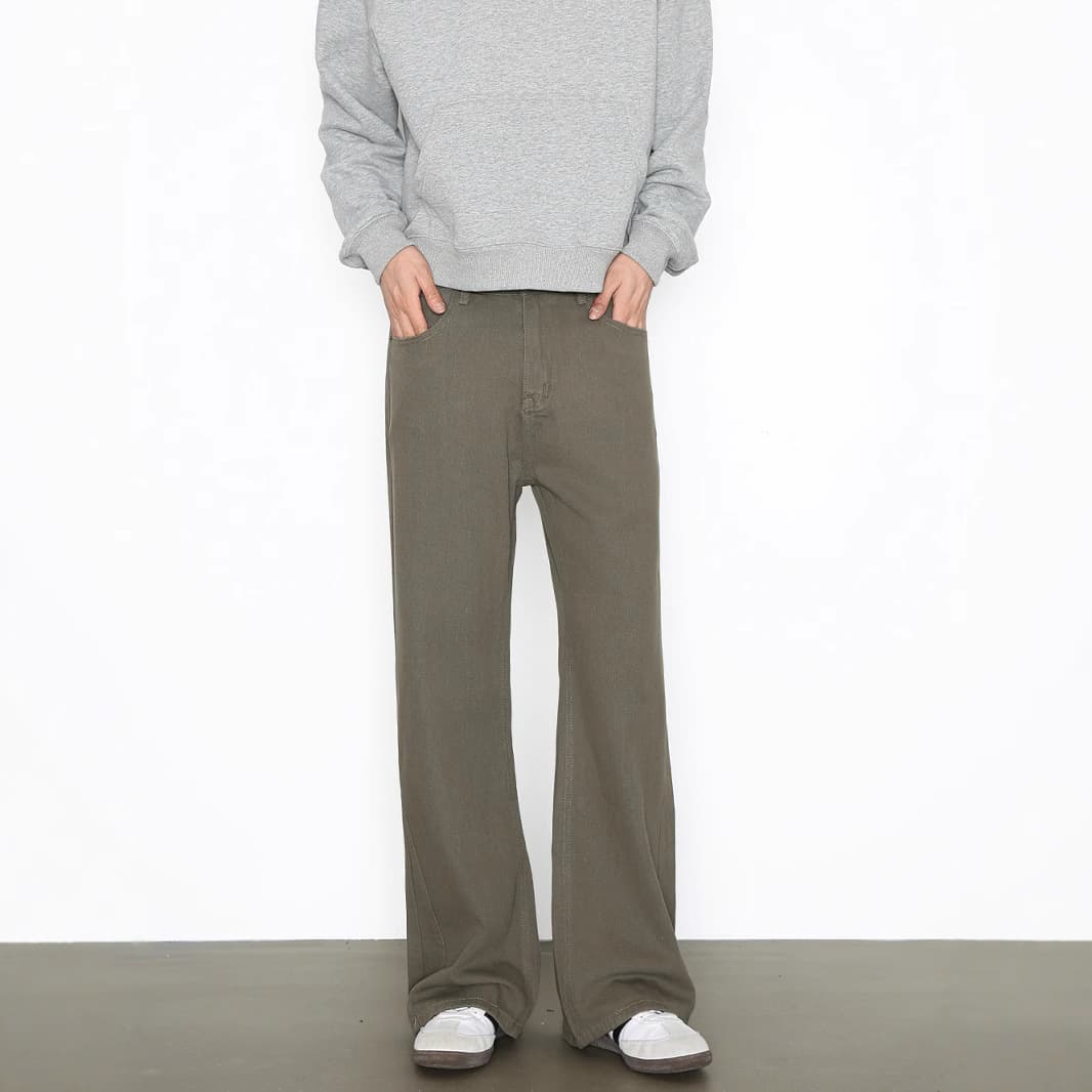 Men's Washed Cotton-Blend Flare Jeans Vintage 70s Silhouette Relaxed Straight-Leg Subtle Bell Khaki Black Olive S-XL