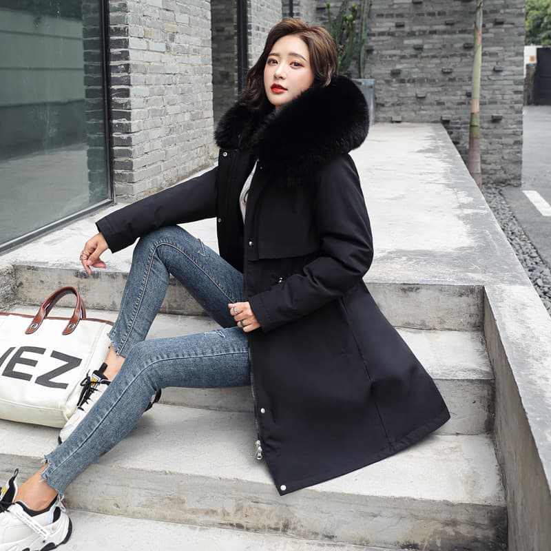 Vêtements pour femmes 2024 hiver nouveau style Parker coton manteau femme mince mi-longueur grand col en fourrure plus velours doublé coton manteau