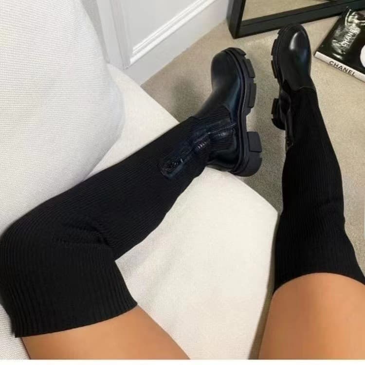 Big Size Boots Women's New Fall Big Size Over Knee Round Head Flying Knitting Boots