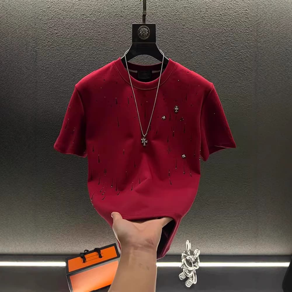 Spring 2025 Men's Heavy Duty Luxury Short Sleeve T-Shirt round Neck Meteorite & Full Rhinestone Custom High End Polyester Top