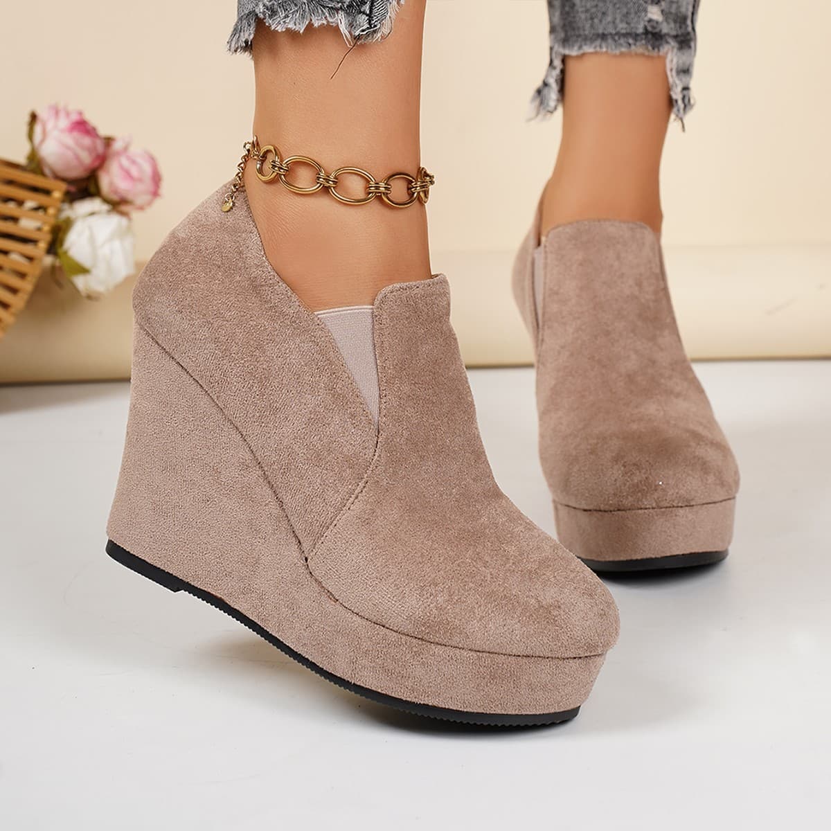 Women's Suede Wedge Heel Slip-On Platform Shoes European American Style