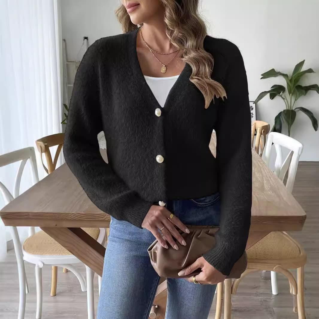 ​​Women's Faux Mink Fur Cardigan Coat Winter Pearl Button Knit Short Jacket Open Front Sweater​​