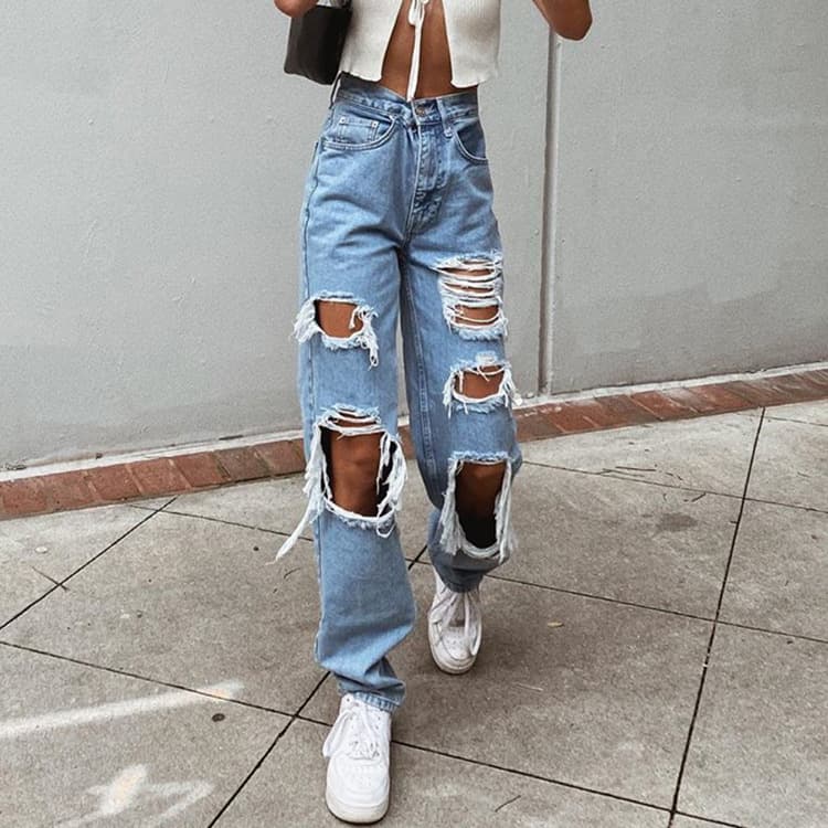 Women's Clothing Ripped Jeans Straight Leg Loose Jeans