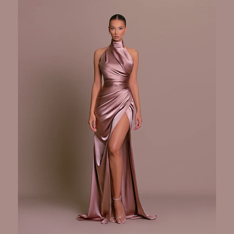 Women's halterneck sleeveless slit slimming dress dress standing collar long skirt