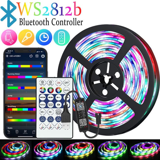 Bande lumineuse LED intelligente WS2812B 5 V USB RVB 5050, changement de couleur, contrôle par application Bluetooth, 18 LED/m, pour décoration intérieure, configuration de jeux, rétroéclairage TV.