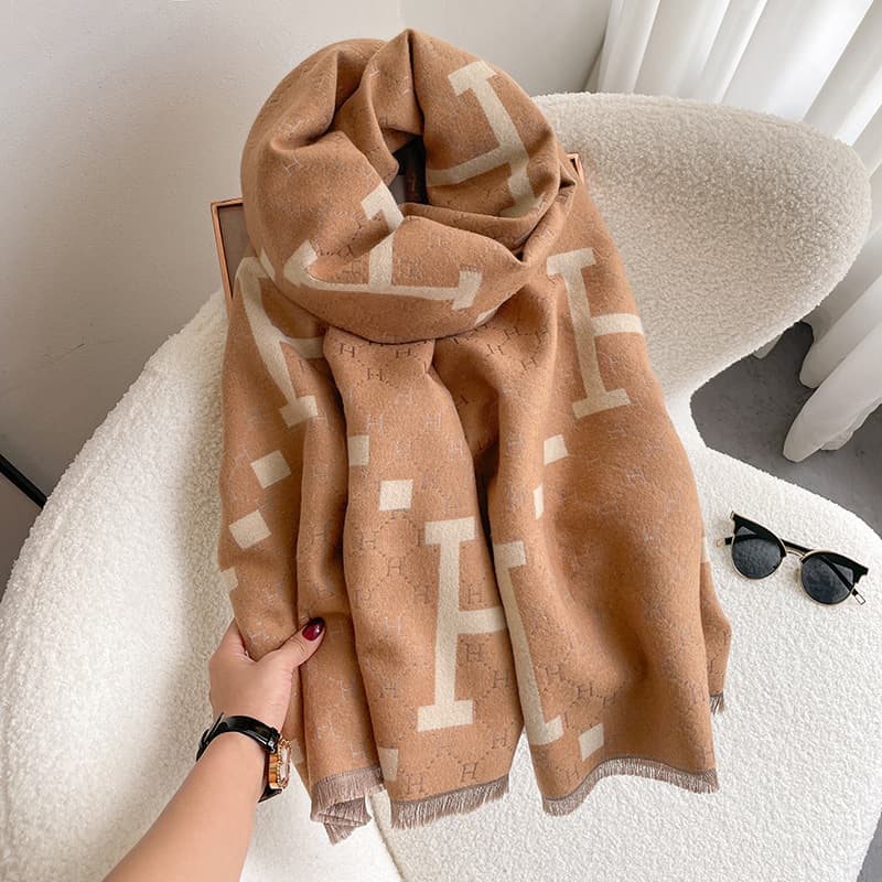 Écharpe en cachemire épais double face pour femme, haut de gamme, motif lettre H, légère, luxueuse, tendance, idéale pour l'automne et l'hiver
