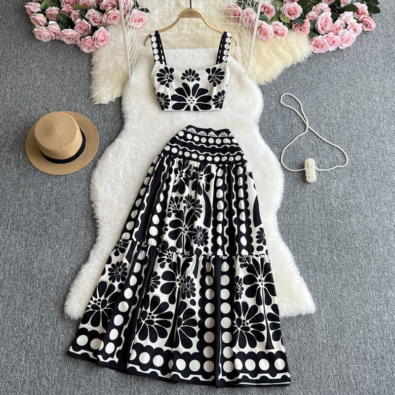 Women's Clothing Retro Jacquard Knitted Suit Sleeveless Vest Mid Length Skirt High End Lady Two Piece Suit