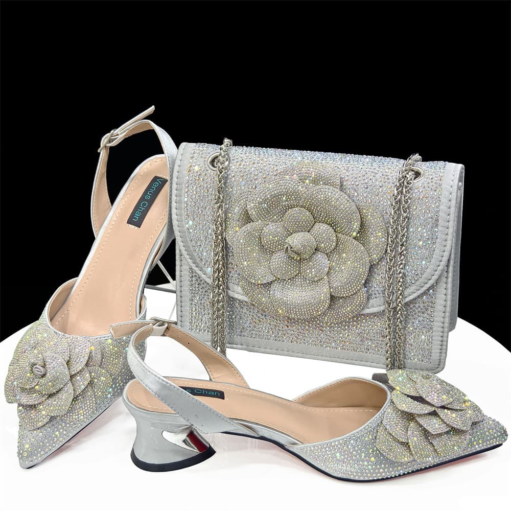 Women's Elegant Pointed Toe Heels With Floral Embellished Square Shoulder Bag – Princess Style Shoe & Bag Set For Formal Occasions