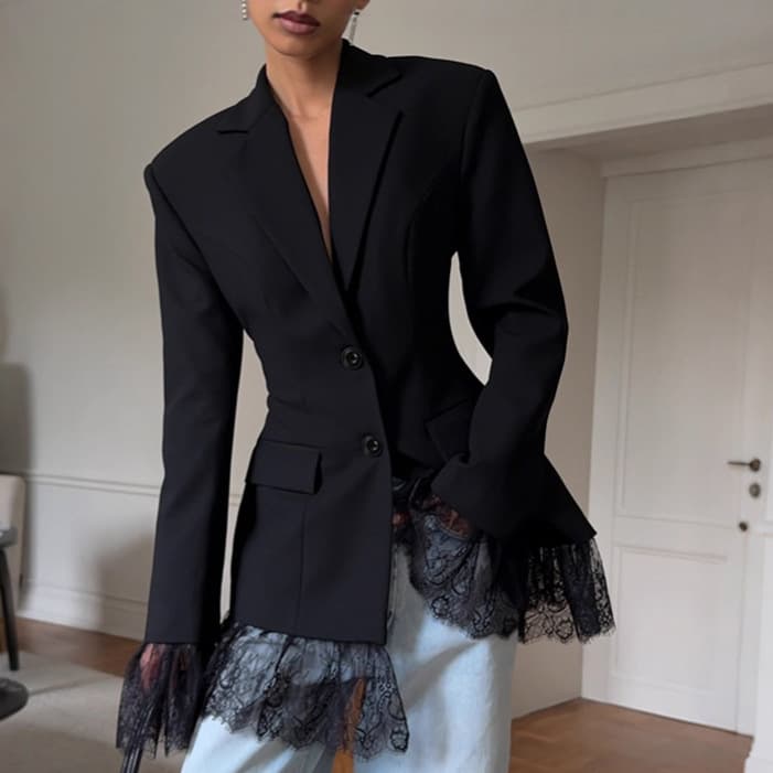 Black Blazer 2026 Autumn Winter New Design Lace Patchwork European And American Commuter Women's Long Sleeve Top