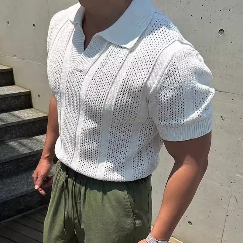 Men's Clothing Mercerized Cotton Ice Silk Polo Shirt Breathable Hollow Short Sleeved Sweatshirt Lapel Mesh Tight Sleeve Knitted T Shirt
