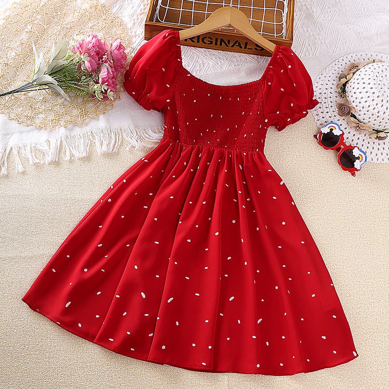 Girls' Summer Dresses Trendy Short Sleeved Princess Dress Polka Dot Skirt Designed To Fit Medium And Large Children