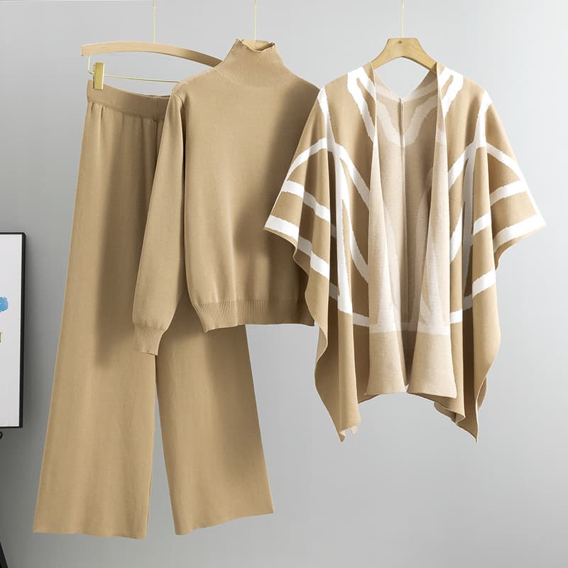 Women's Clothing Casual suit, new style, elegant lady, lazy style, knitted sweater, shawl, cape, wide leg pants, three piece suit