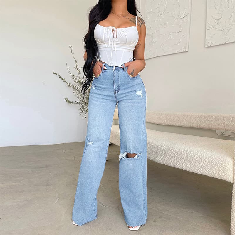 Women's Clothing Jeans Long High Waist Hot Sale Raw Edge Holes Comfortable Denim Wide Leg Pants