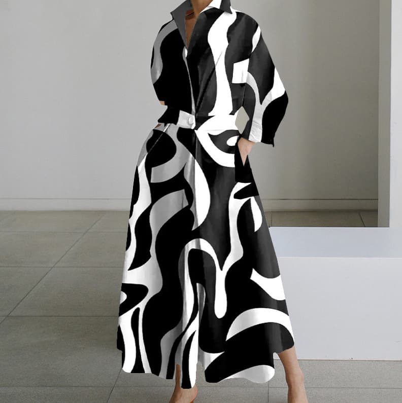 Women's Clothing New Commuting Fashion Collar Long Sleeves Elastic Waist Large Swing Dress