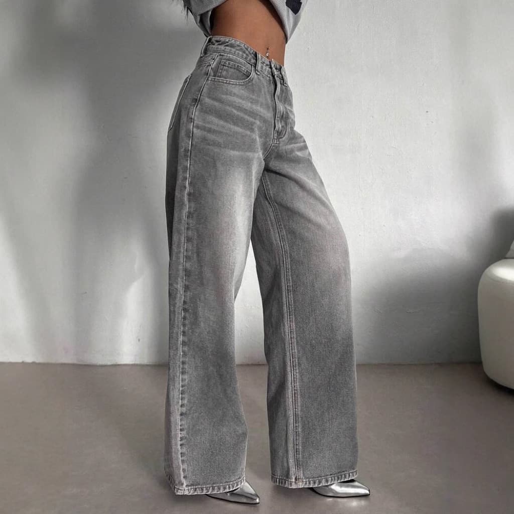 Women's Clothing Street Retro Smoky Gray Washed Wide Leg Jeans Autumn And Winter High Waist Loose Wide Leg Mopping Pants