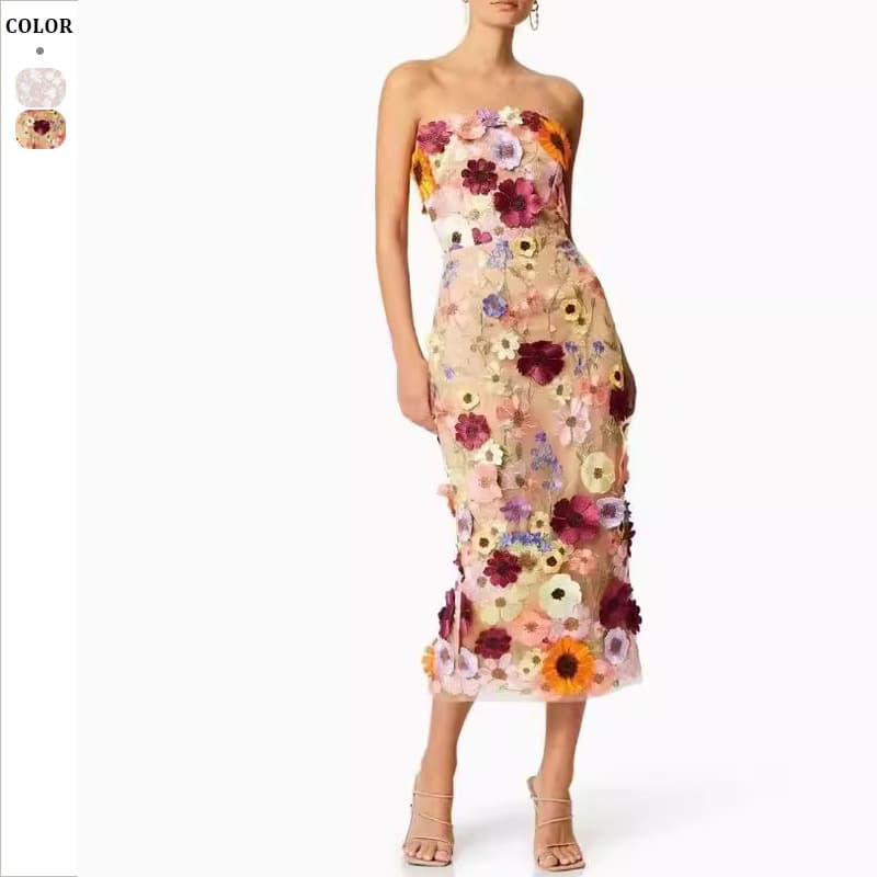Women's Clothing Sexy Sleeveless Colorful Three Dimensional Flower Embroidery Slim Hip Wrapped Tube Dress Midi Skirt