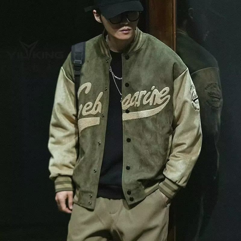 Man's Clothing Suede Baseball Jacket For Men Vintage Green Bomber Jacket For Men