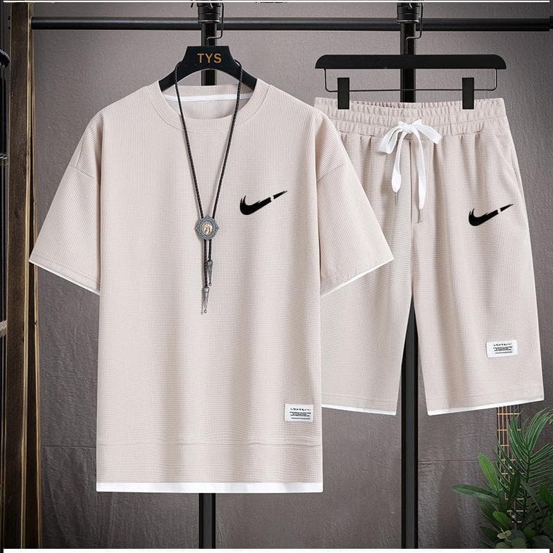 Gaufre T-shirt hommes deux pièces ensemble Couple ample mode grande taille 5/4 pantalon extérieur décontracté