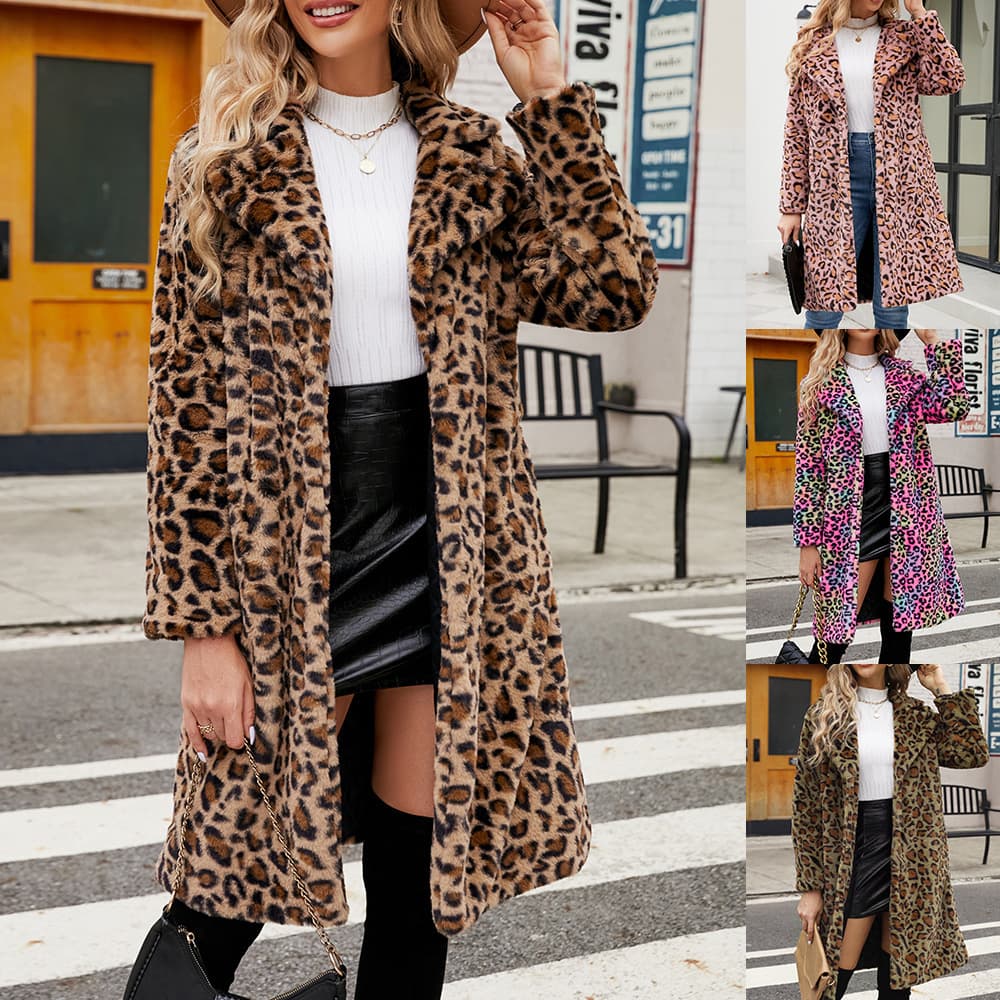 Elegant Faux Fur Coat Women's Long Winter Jacket Fashionable Leopard Print Outerwear For Office & Casual Wear