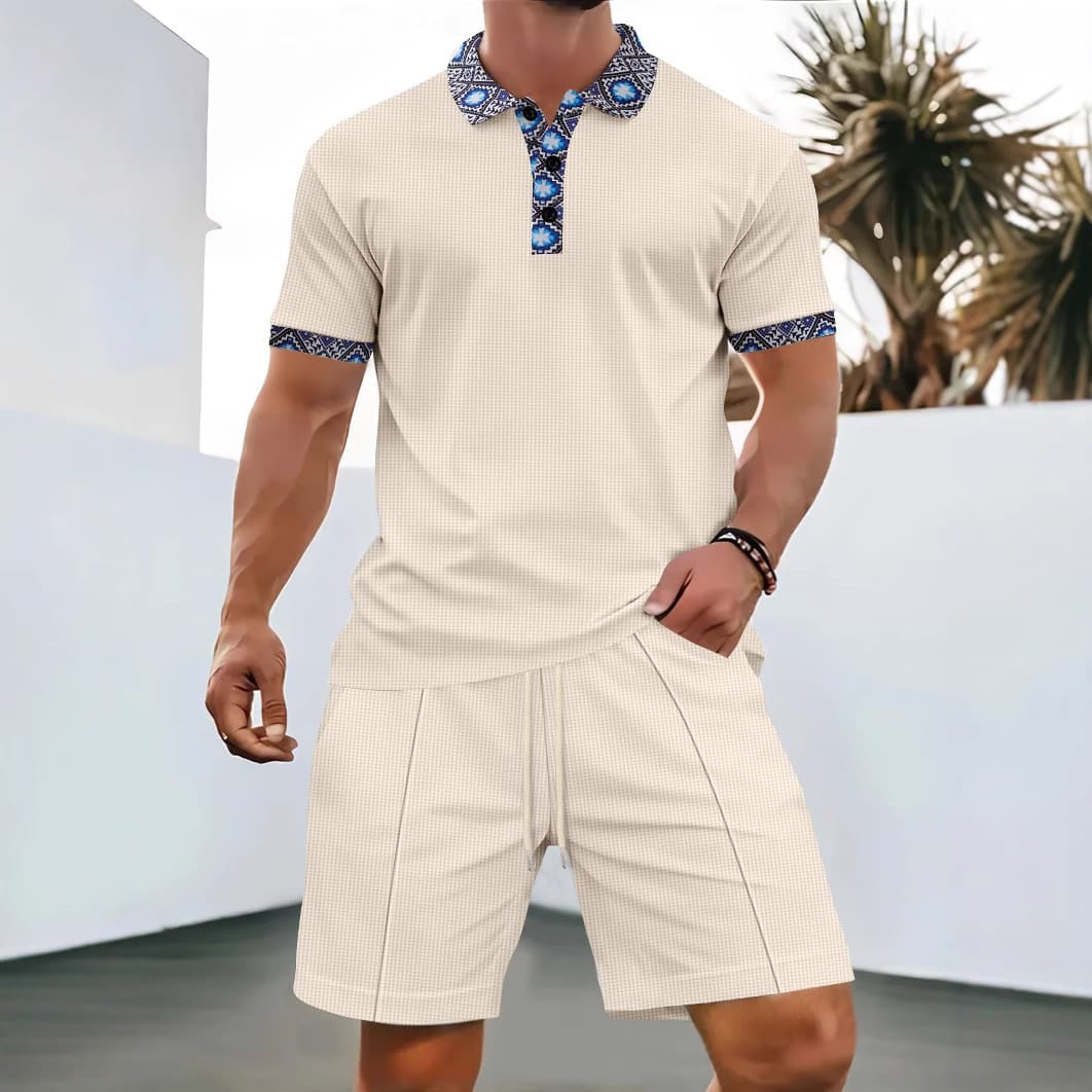 Men's Waffle-Knit Polo & Shorts Set – Breathable Textured Fabric, Solid Colors, Casual Beach & Streetwear Outfit​