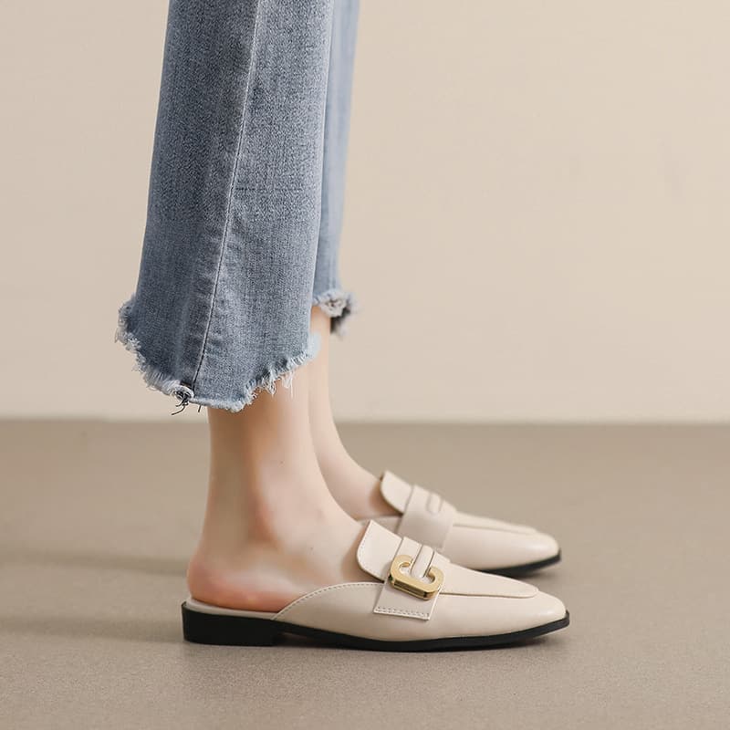 340-7 Women's French-style Casual Versatile Flat-toed For Outdoor Wear, Retro-style Slip-on Mules