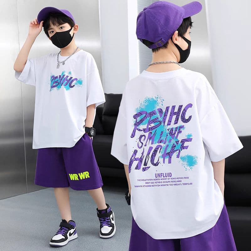 Pure Loose-fit 200g Short-sleeve + Pure Cotton Pants For Older Boys, Summer Two-piece Set