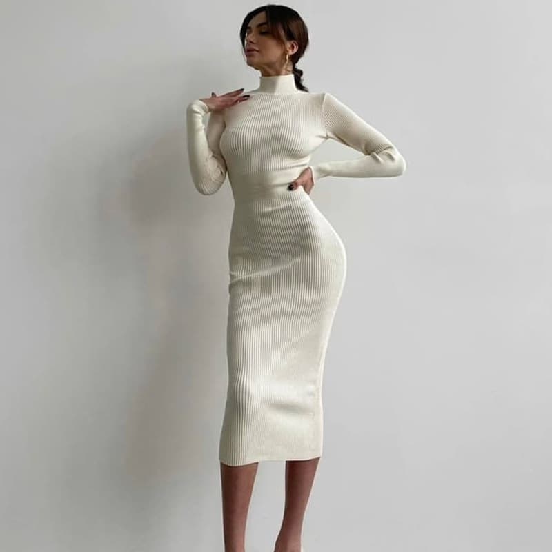 Women's high neck mid-length pit strip knitted skirt solid color wool woven sheath sexy dress