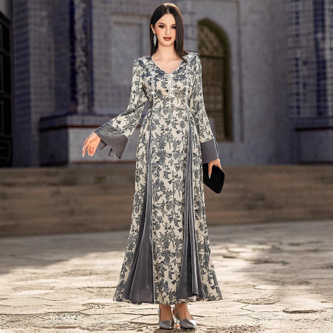 Women's Clothing V Neck Satin Jacquard Muslin Dress Handmade Beaded Elegant Long Sleeve Dress