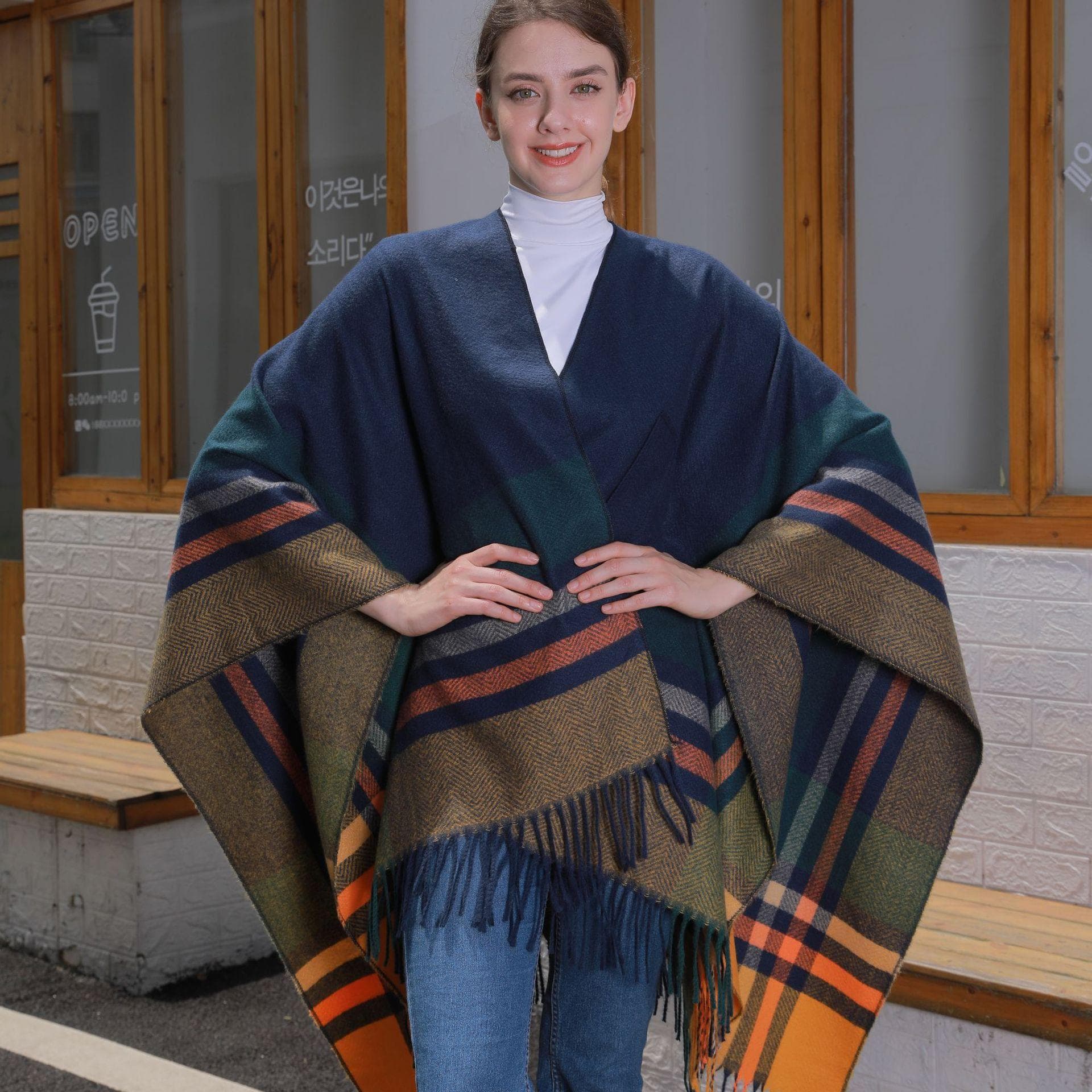 Cross-border New Products, European And American Color Striped Straps, Shawl Jacket, Women's Jacquard Warm Fringed Cardigan