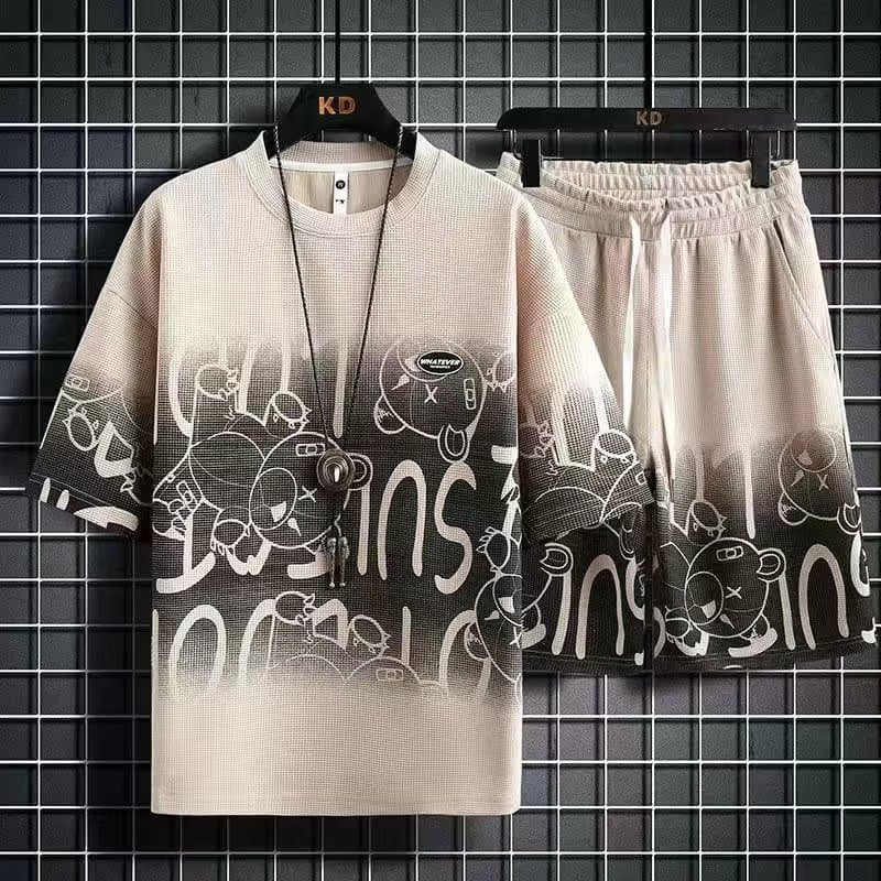 Men's Clothing 2024 Waffle Suit Men's Summer New Watermark Fashion Trend Loose Hong Kong Style Tie-dye Five-point Sleeves