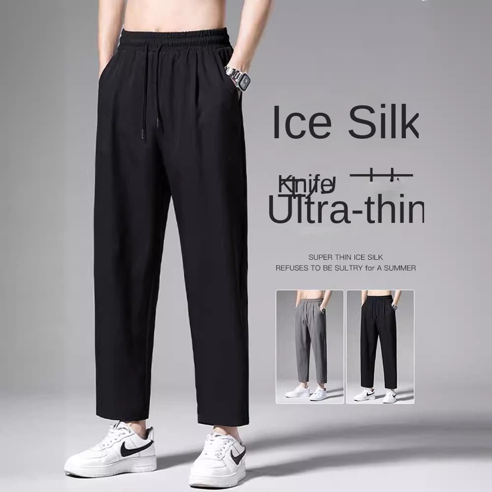 Straight Ice Silk Pants Men's Cropped Pants Summer Thin Casual Pants Breathable Men's Pants Wide Leg Dipper Men's Pants