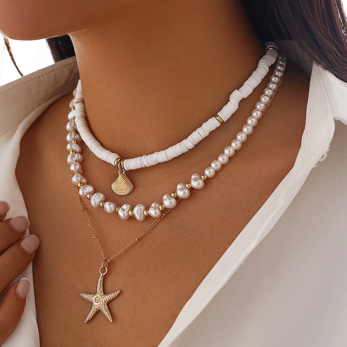 Polymer clay pearl stacking style ins style necklace irregular shell starfish shape fashion personality necklace