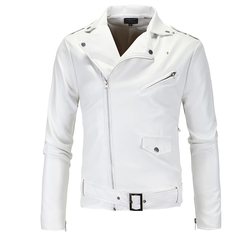 Mens Leather Jackets 2023 New White Black Casual Lapel Slim Fit Diagonal Zipper Motorcycle PU Leather Jacket Coat Mens
