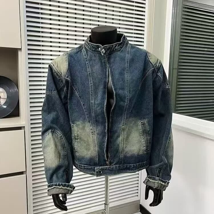 Men's Clothing Men's Distressed Denim Jacket Punk Style Short Biker Jacket With Asymmetric Zip & Washed Effect, Oversized Fit For Streetwear​
