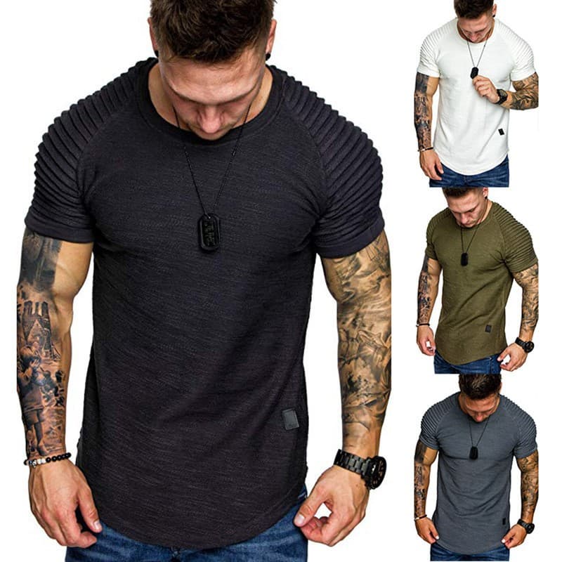 Unbeatable Quality Men's Slim Fit Solid Color T-shirt Summer American Round Neck Pleated Fashionable Casual Short Sleeved Men's Top