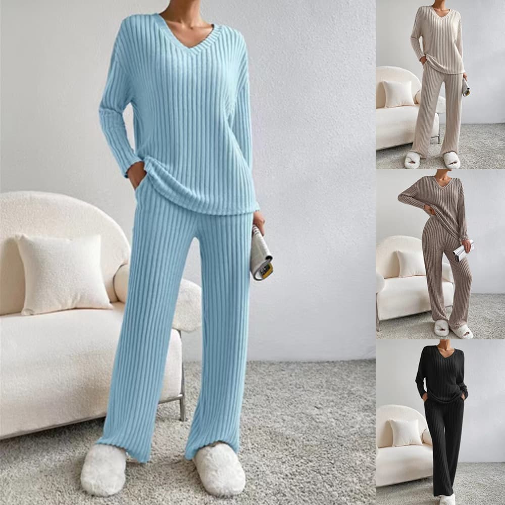 Women's Clothing Women's Two-piece Fashion Casual Straight Leg Pants Temperament Loose V-neck Pit Strip Knitted Suit