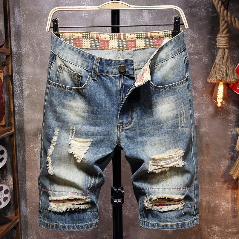 Men's clothing ripped denim shorts straight patch large size shorts men's shorts
