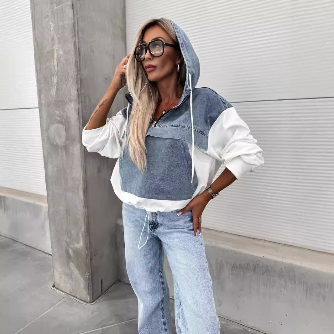 Women's Clothing Fashion Loose Casual Washed Denim Splicing Hooded Women's Sweatshirt