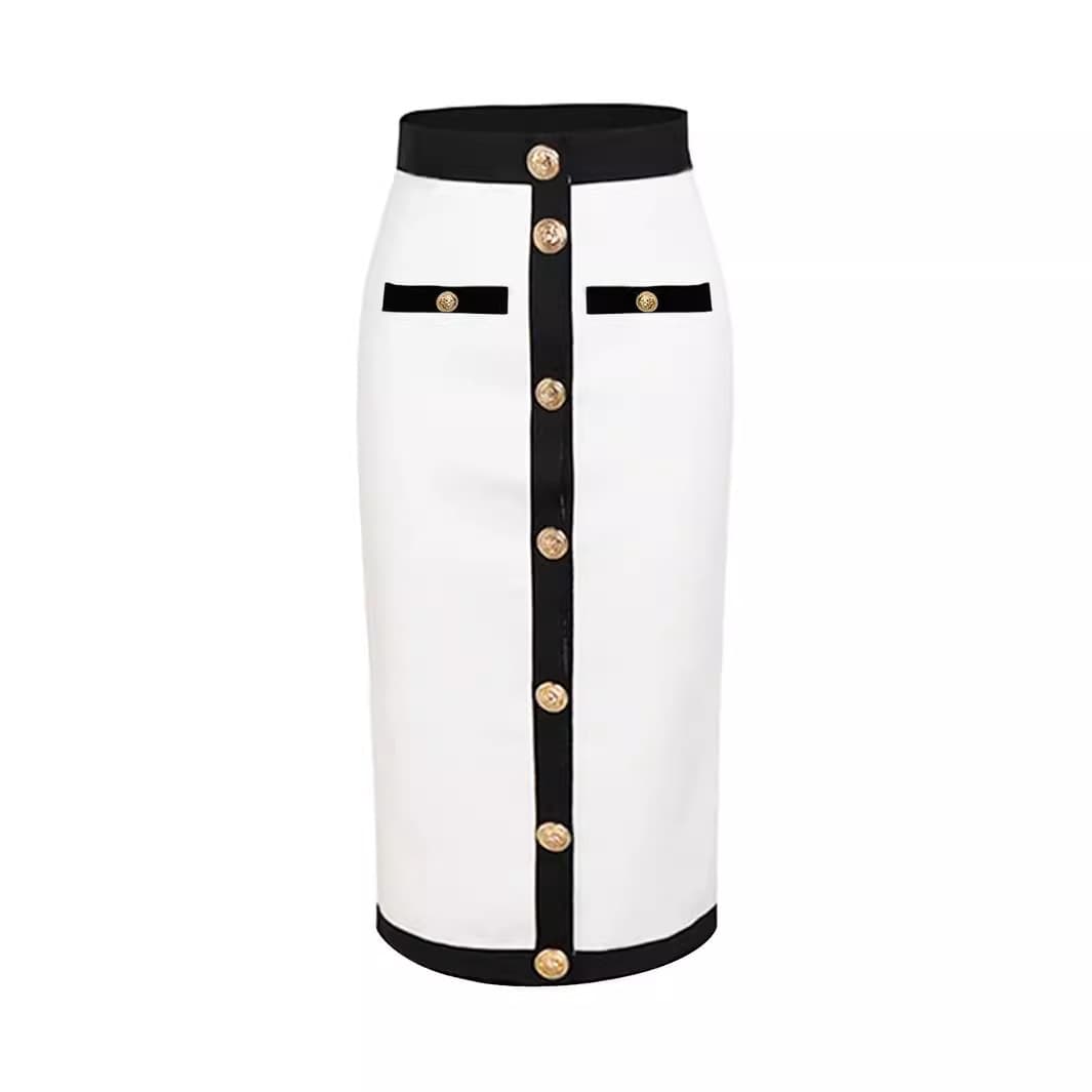 Women's clothing gold button black and white color matching hip bandage skirt fashionable all-match four seasons style