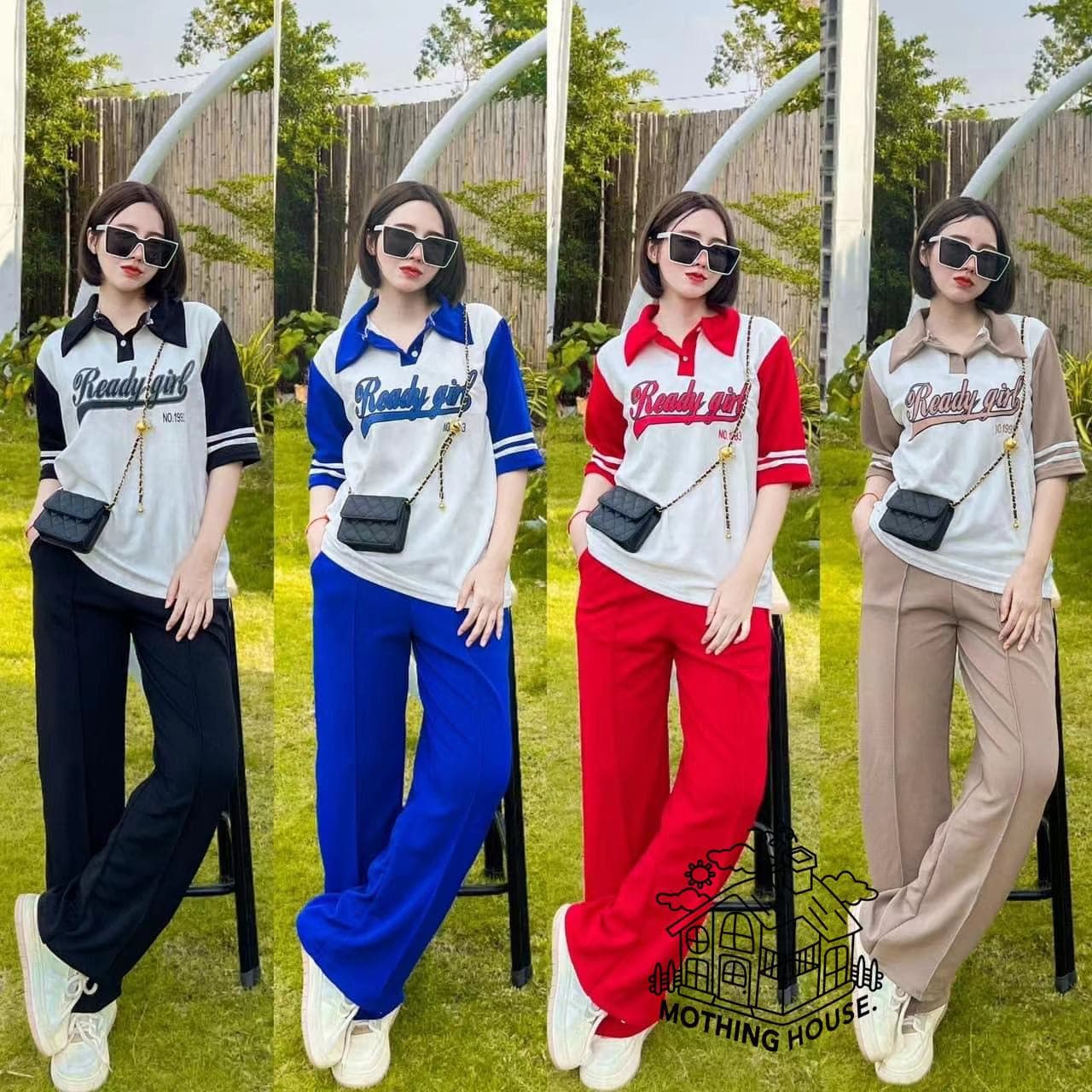 Women's Casual Summer Suit Set - Polo Collar Top & Wide Leg Pants, Contrast Color Two-Piece Outfit​