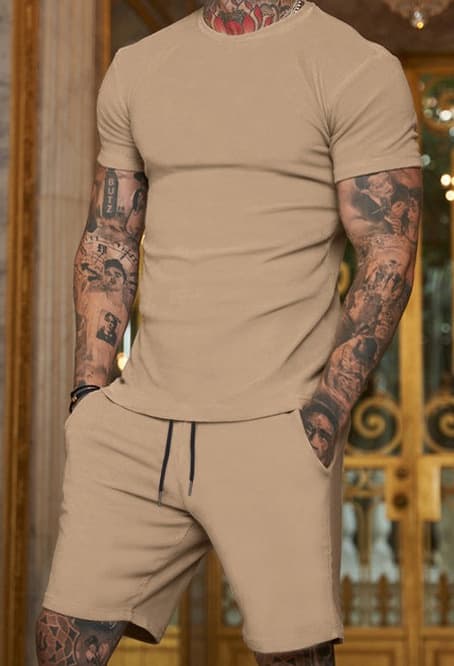 Men's 2pcs, Red Dots Pattern, Trendy Comfy Zip Polo And Plain Drawstring Waistband Shorts Set