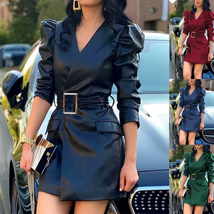 Women's PU Leather V-Neck Puff Sleeve Slim Fit Dress With Belt Fashion Casual Elegant Skirt
