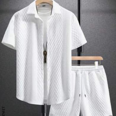 Men's Solid Color Knitted Jacquard Casual Short-sleeved Shirt Shorts Suit