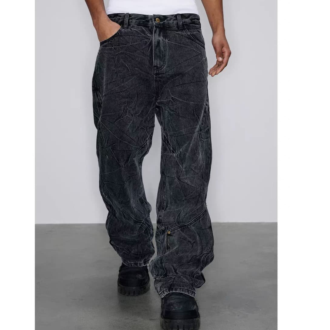 Men's Clothing Cleanfit Retro Snowflake Washed Jeans For Men Heavy Duty Distressed Ripple Pleated Vibe Straight Pants